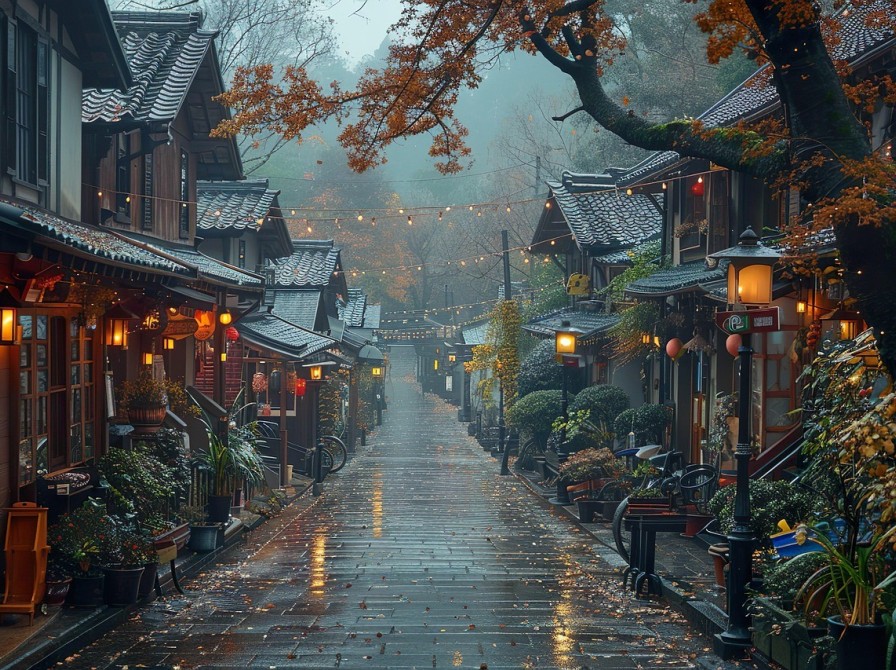 En regnvåd gade med huse i asiatisk stil. 